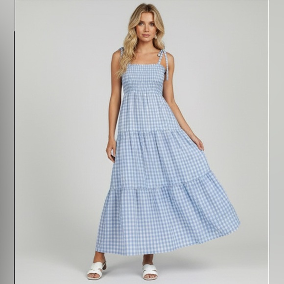 Gingham Shirred Cami Dress Blue - Picture 1 of 8